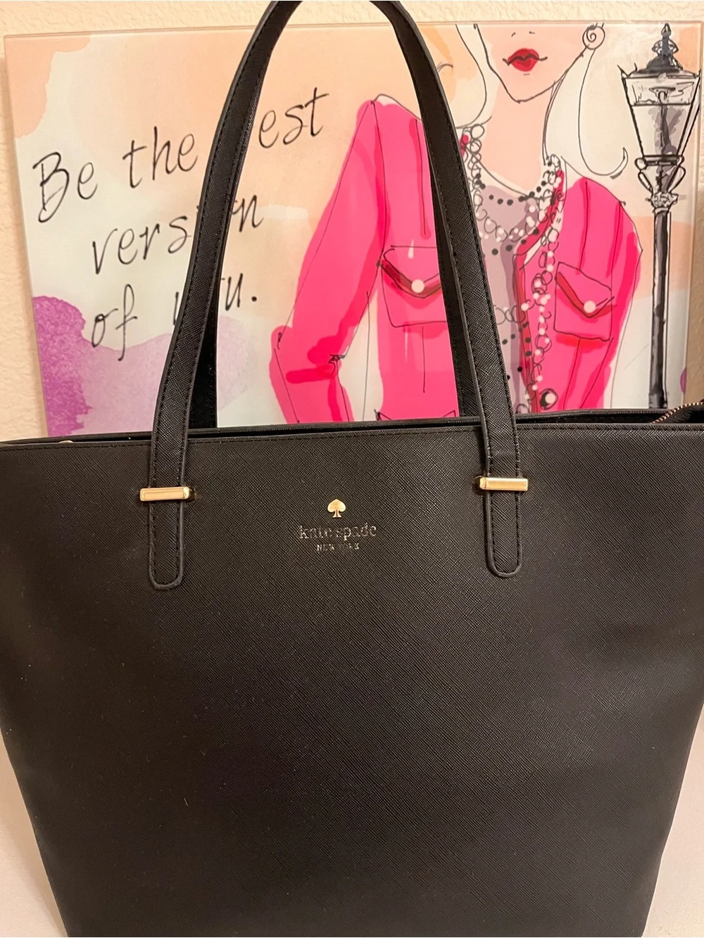 kate spade Black Saffiano Tote with Gold Logo Accents